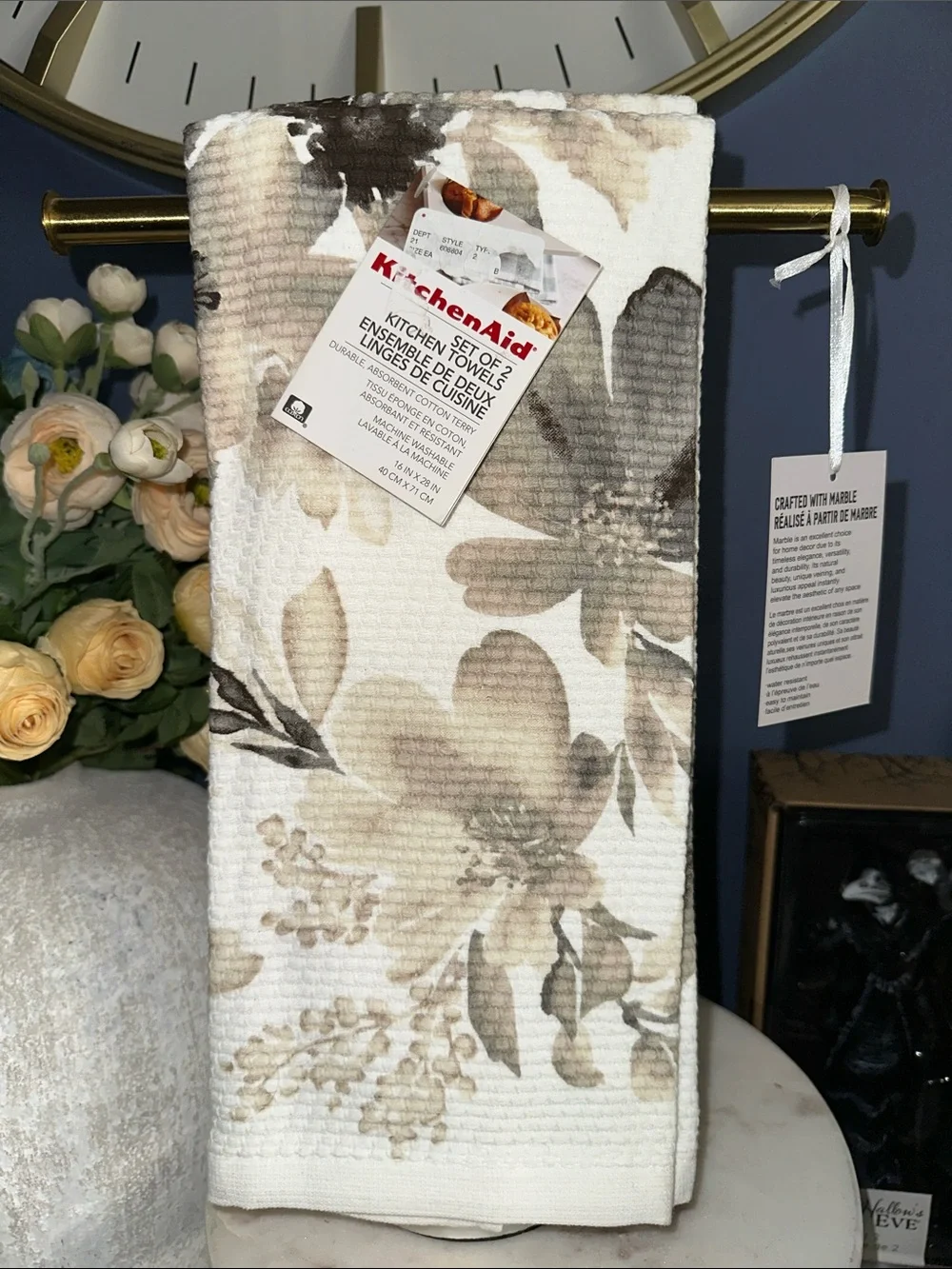 KitchenAid Beige and Gray Floral Waffle Kitchen Towels - Set of 2